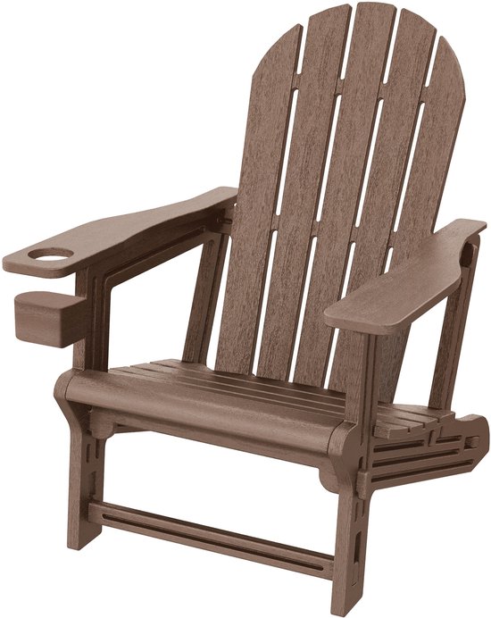 Bruine Adirondack stoel met hoge rugleuning en brede armleuningen, op witte achtergrond.