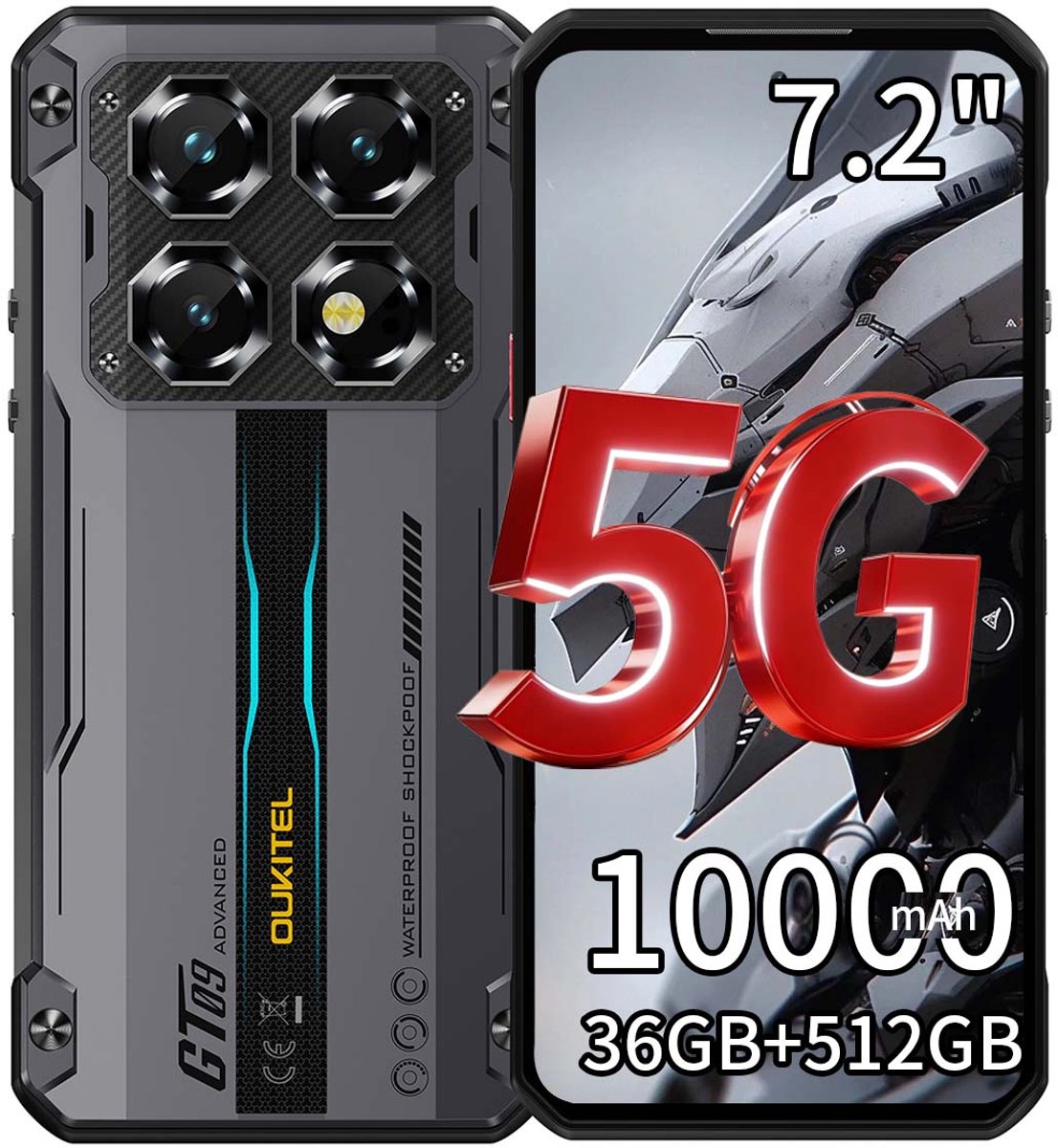 OUKITEL WP60 Rugged Smartphone 5G - 36GB RAM - 512GB ROM - 7,2 inch 120Hz - 10000mAh 33W - 108MP Camera - Dual SIM - Android 15 - NFC GPS - Zwart