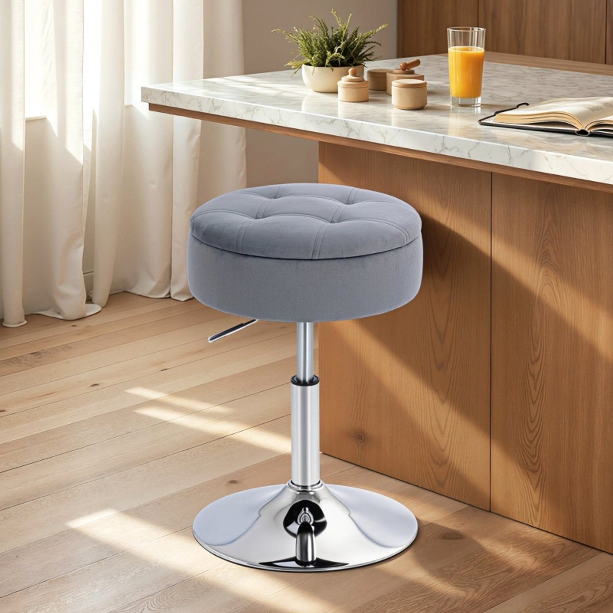 Wishdor - Barkruk Met Opbergruimte - Draaibaar En In Hoogte Verstelbaar - Modern Getuft Ontwerp - Voor Keuken Of Eethoek - Zitting Met Zachte Polyester Bekleding En Schuimvulling - Grijs - 49-65 Cm