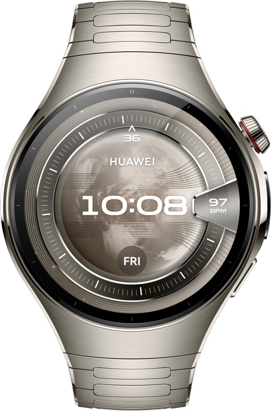 Zilverkleurig Huawei smartwatch met metalen band. De wijzerplaat toont 10:08, 36, 97 BPM en FRI.