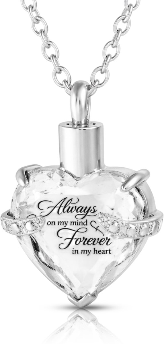 Akerz Mini urn ketting hart transparant – As hanger – Herinneringssieraad – Always in my heart – RVS