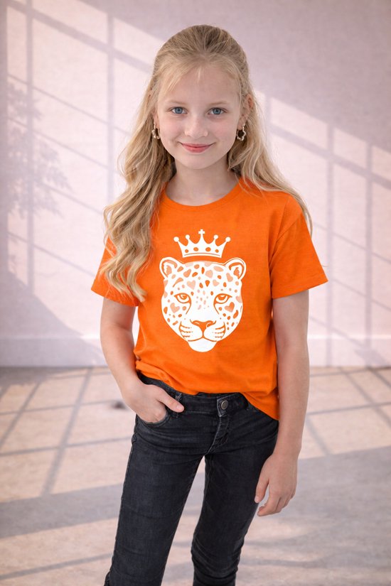 Oranje Kinder Shirt - Panterprint - Kroontje - koningsdag - meisjes