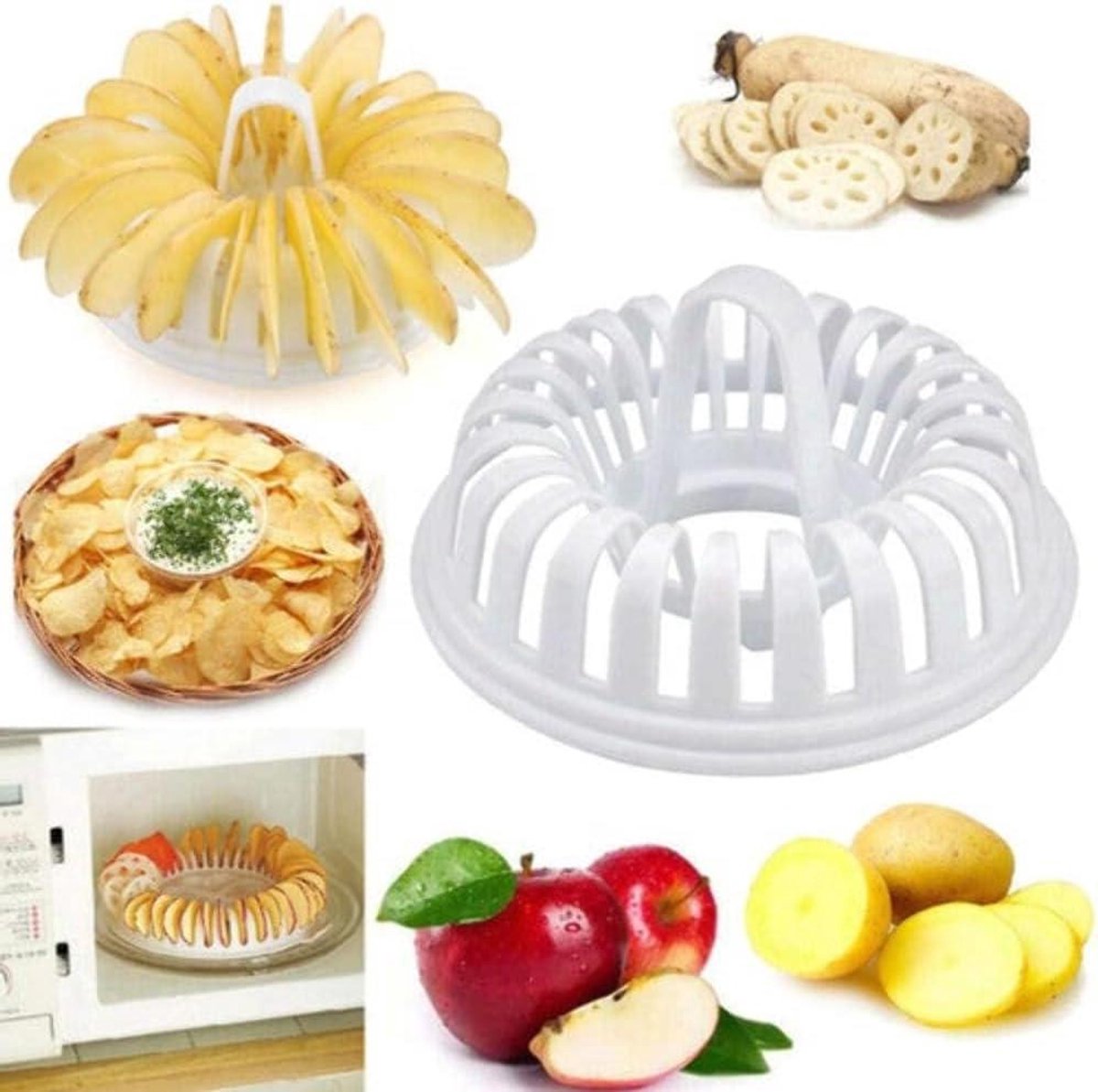 Aardappelsnijder Magnetron - Frietjes Maker - Gezond Frituren - 3-Delige Set - 20 cm Diameter - Wit