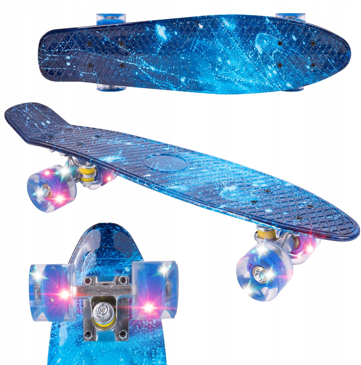 Playos® Pennyboard Galaxy met LED Wielen – tot 100 kg 56 cm Antislip Skateboard Skaten Buitenspeelgoed Blauw