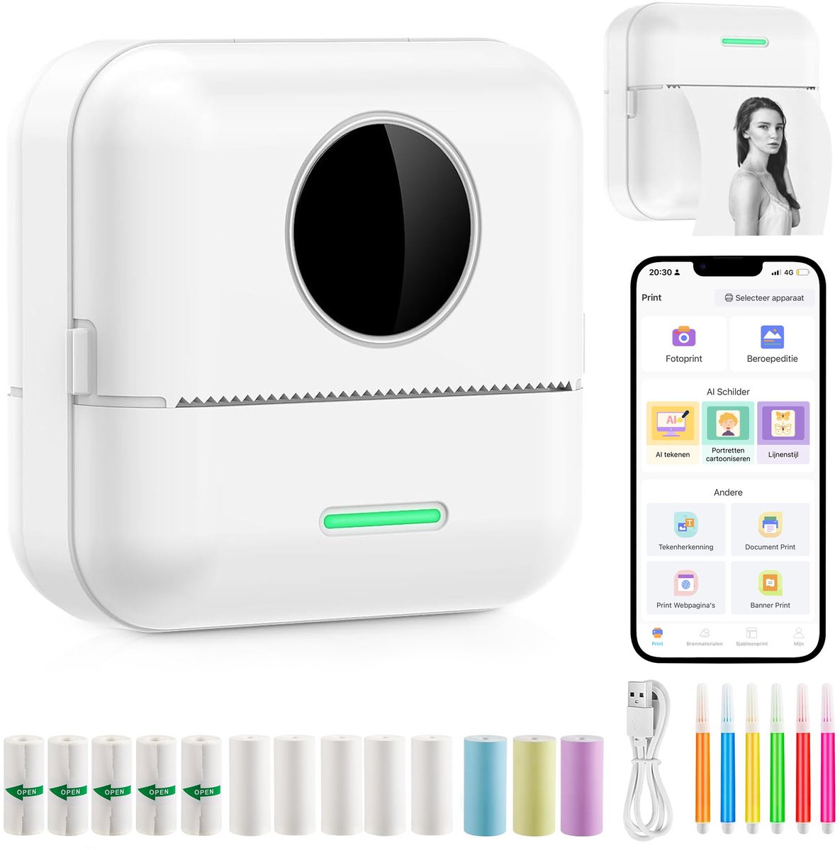 Ilona Mini printer voor mobiel - Pocket printer - Premium Mini Fotoprinter - Draagbare Smartphone Printer - Mobiele fotoprinter - Sticker printer - Incl. 5 Rollen Zelfklevend Papier + 5 Rol Wit Papier + 3 Rollen Gekleurd Papier + 5 Pennen
