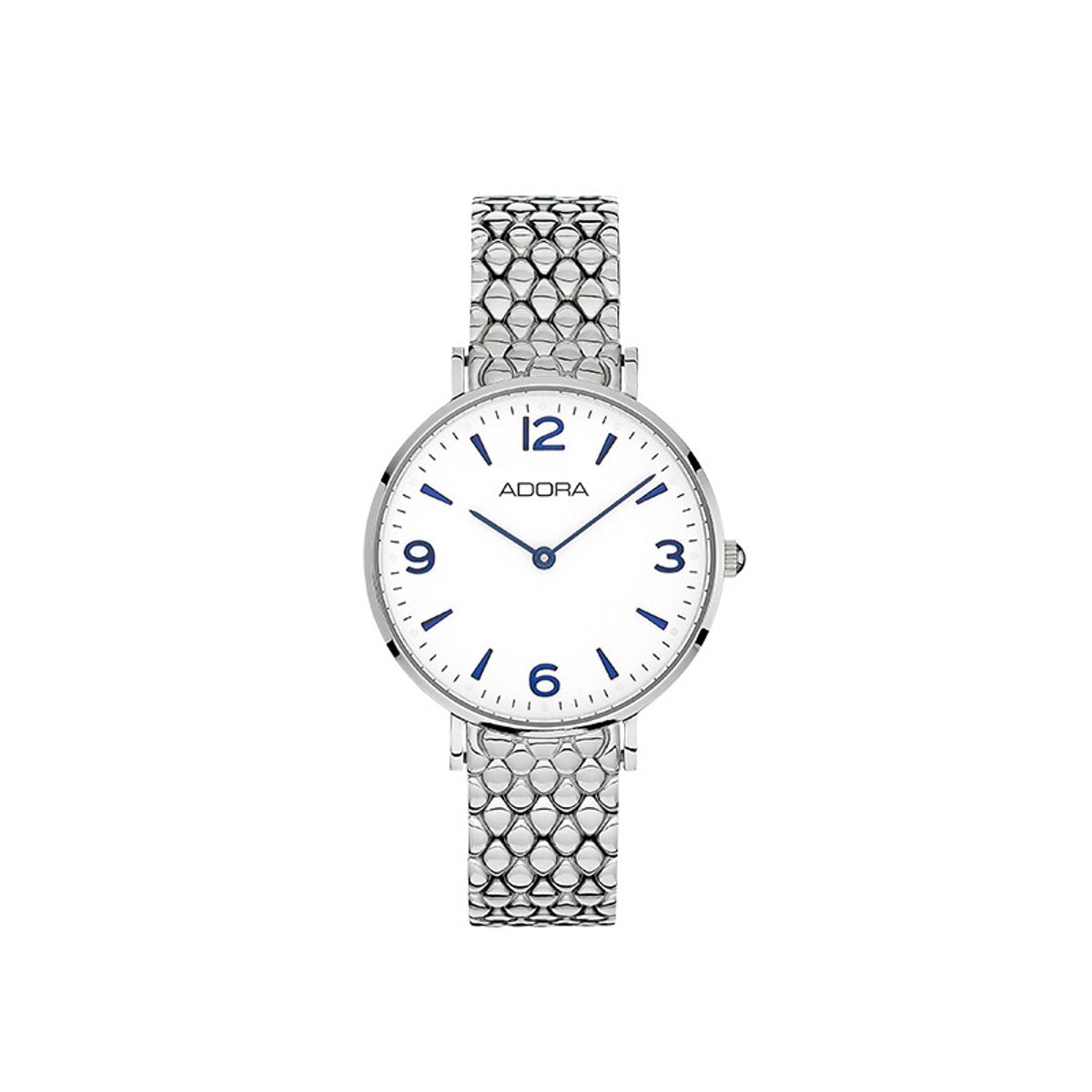 ADORA AT5722 Dameshorloge Zilver - Witte Wijzerplaat met Blauwe Cijfers - Modern Minimalistisch Design - Luxe Gevlochten Band - Elegant Tijdloos