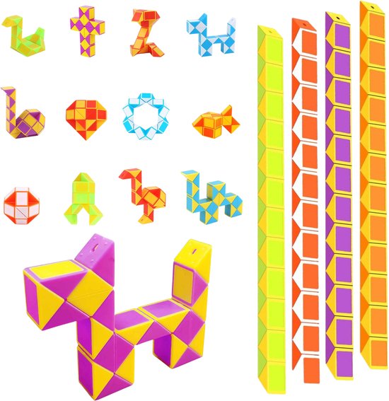 Verzameling van kleurrijke speelgoedslangen in de vorm van dieren, geometrische vormen en kruisen.