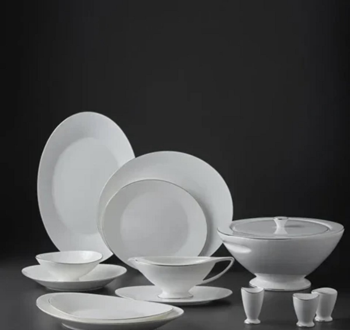 Jumbo Moon Platina Serviesset – 64-delig – 12 Personen – Bone China – Wit met Platinum Rand – Luxe Dinnerset – Incl. Soepterrine, Sauskom & Schalen
