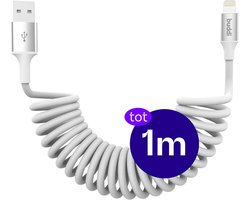 Buddi Flex | Uitrekbare USB-A naar Lightning Krul Kabel 12W Fast Charge 5V/2.4A | 480Mbps Dataoverdracht | Gevlochten Elastisch Nylon | Krulsnoer | Spiraalkabel | Voor in de auto | 1M Wit