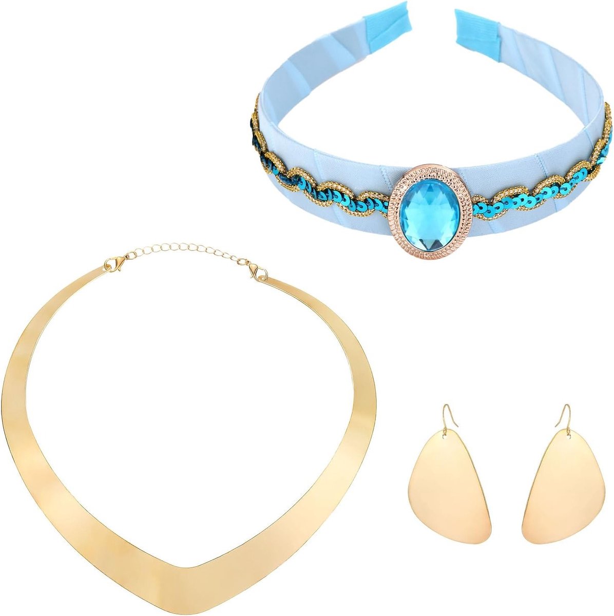 Set van 3 Arabische Prinsessen Kostuumaccessoires voor Vrouwen met Hoofdband, Gouden Choker, Ketting en Oorbellen voor Carnaval, Feest en Toneelvoorstellingen