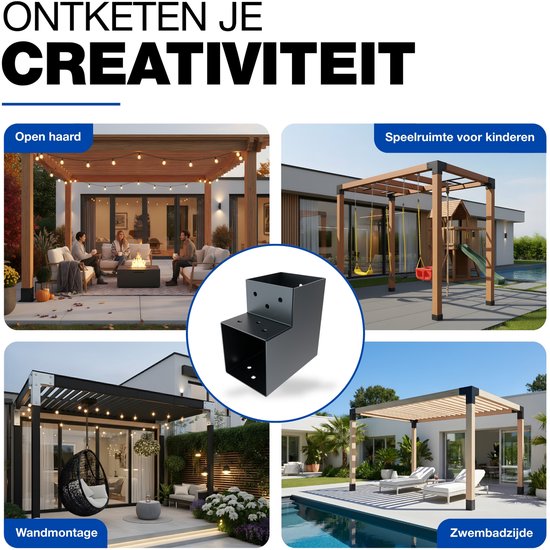 Ontketen je creativiteit. Opties: open haard, speelruimte voor kinderen, wandmontage, zwembadzijde. Een antracietgrijze paalverbinder is in het midden.