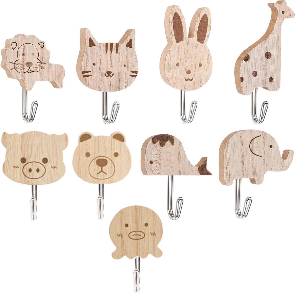 Dieren Wandhaken Set van 9 Stuks, Houten Kledinghaken, Zelfklevende Haakjes voor Kinderen, Handdoeken en Hoeden