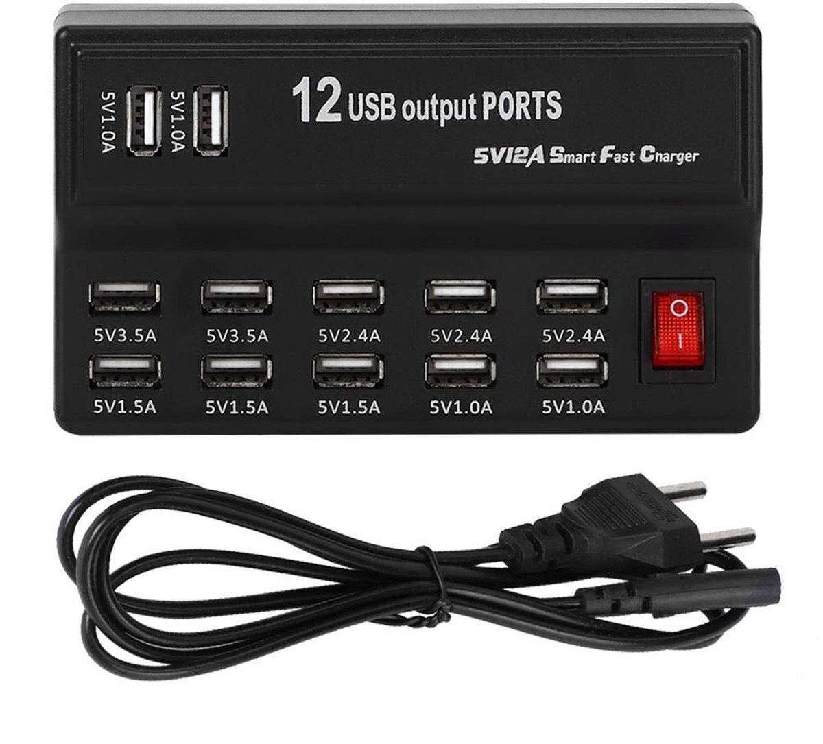 aladdien - USB Hub - 12-poorts Snellader - Compact en veelzijdig - Zwart - Geschikt voor smartphones en tablets - Ideaal voor kantoor en reizen