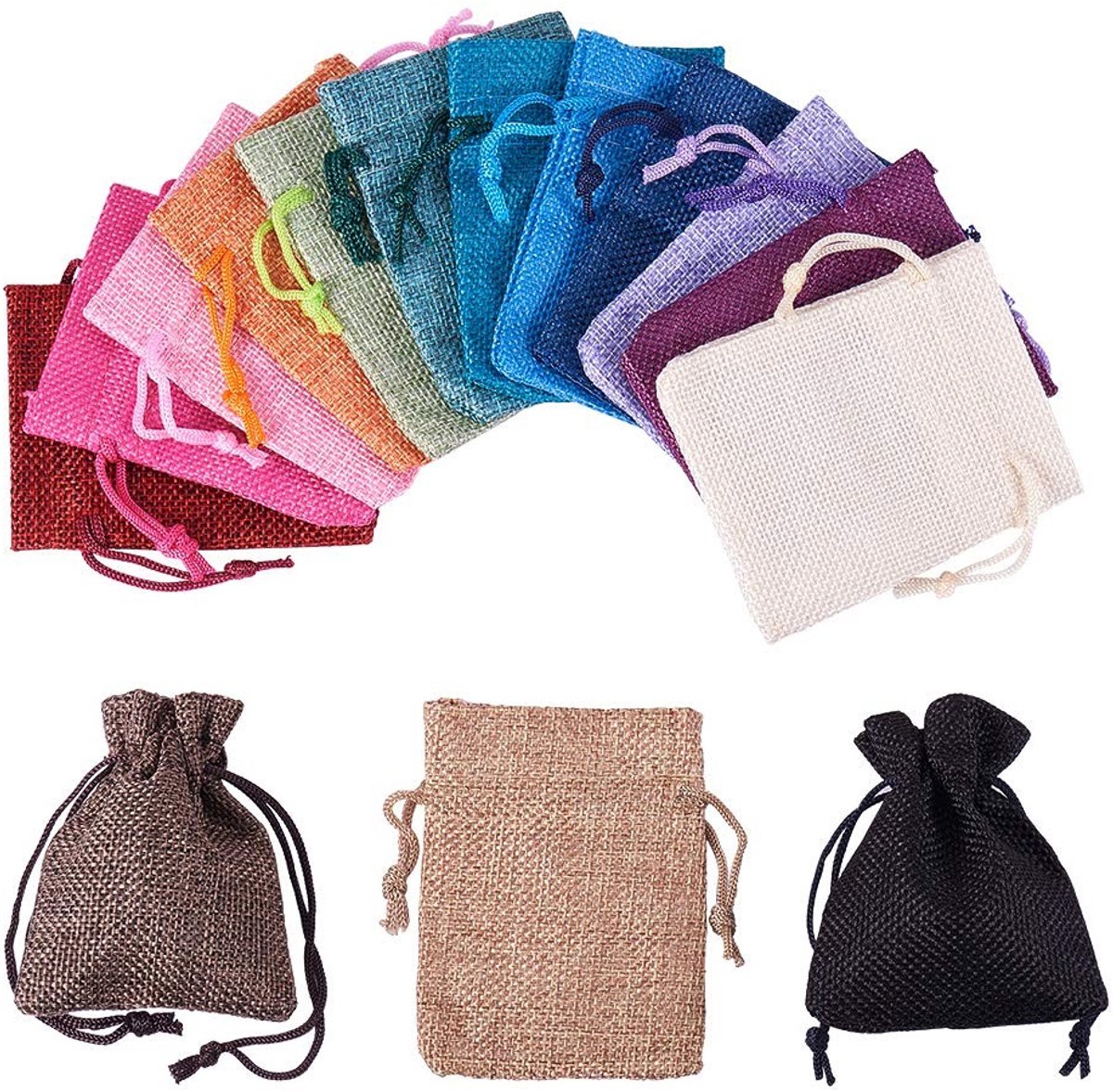 SnelShoppen - Set van 15 Linnen / Hennep Zakjes in 15 Kleuren met Rectangulaire Koord voor Trouwringen, Sieraad, Cadeaus, 9 x 7 cm, Feest, Decoratie