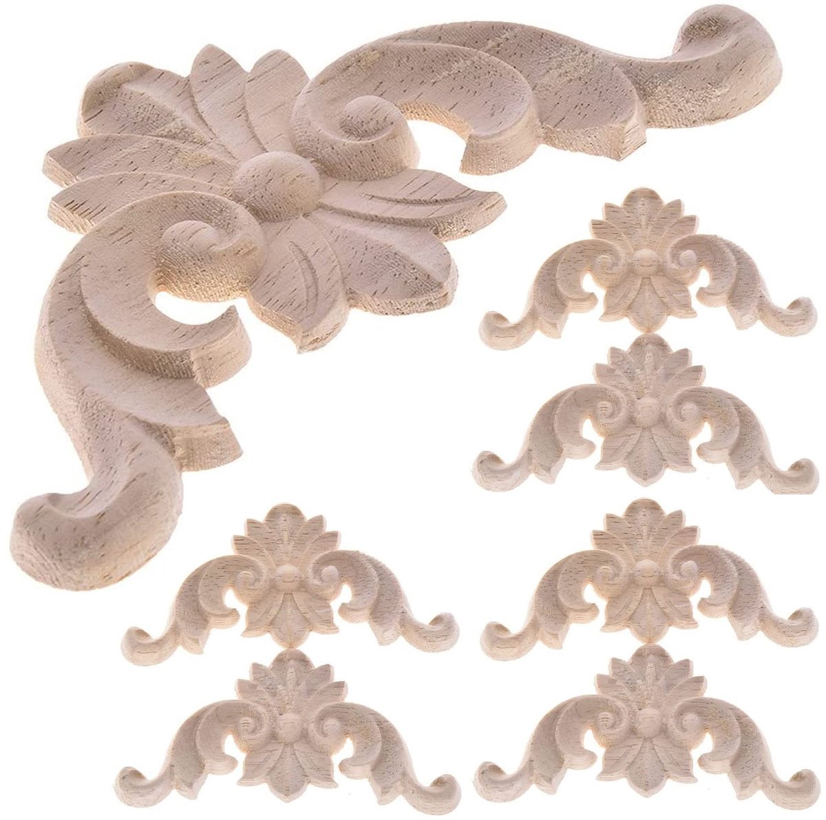 Allecto - Houten ornament voor meubels - Vintage decoratie - Gesneden sculptuur applicatie - Onbeschilderd houtsnijwerk - 6 stuks - Perfect voor me...