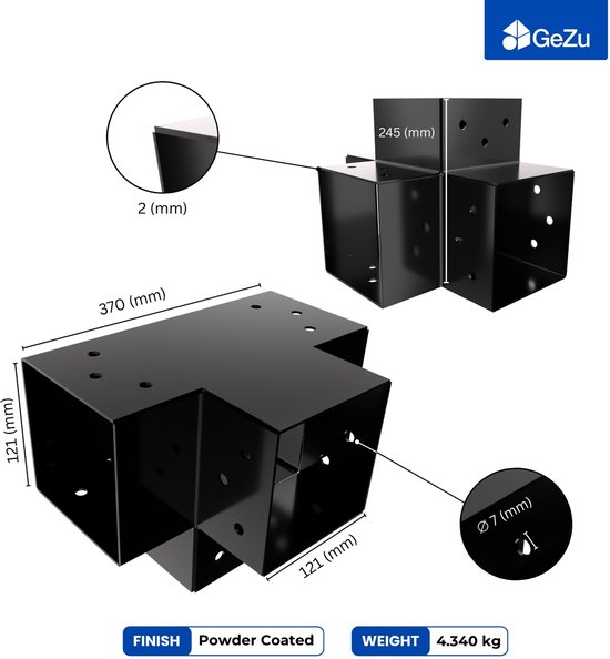 Zwarte paalverbinder met afmetingen 121x121x370mm. Gedetailleerde weergaven van de dikte (2mm) en boordiameter (7mm).