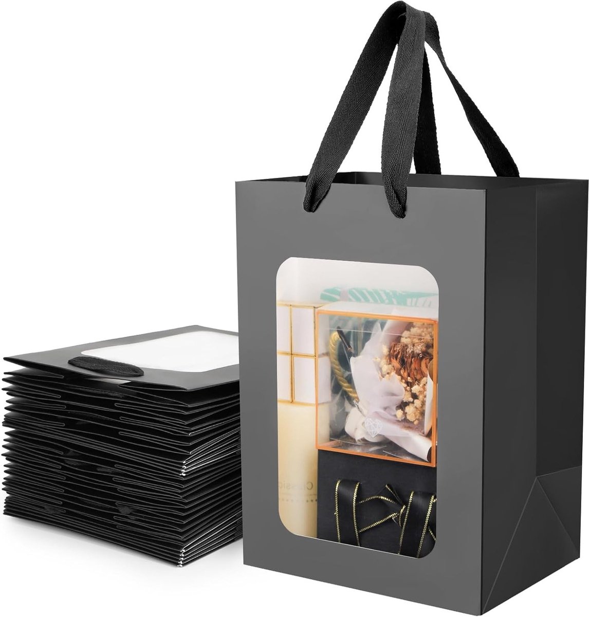 Kraft geschenkzakken met venster - 20 stuks - Stevige papieren tas met handvat - 18 x 13 x 25 cm - Cadeauverpakking voor feestjes en evenementen