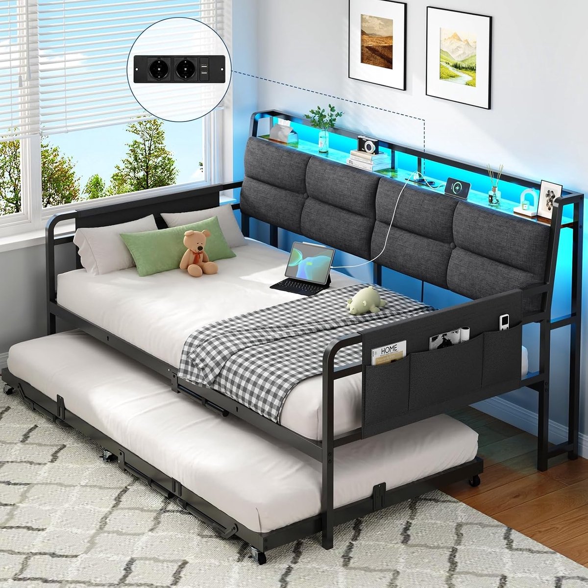 Luxe Uitschuifbare Slaapbank - Met USB - Grijs - 90x200 cm - Arqam