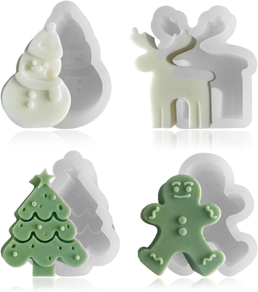 Kerstkaarsen Gietvormen - 4 Stuks Siliconen Mallen voor Kerstboom, Peperkoekman en Sneeuwman - Ideaal voor Aromatherapie en Zeepmaken