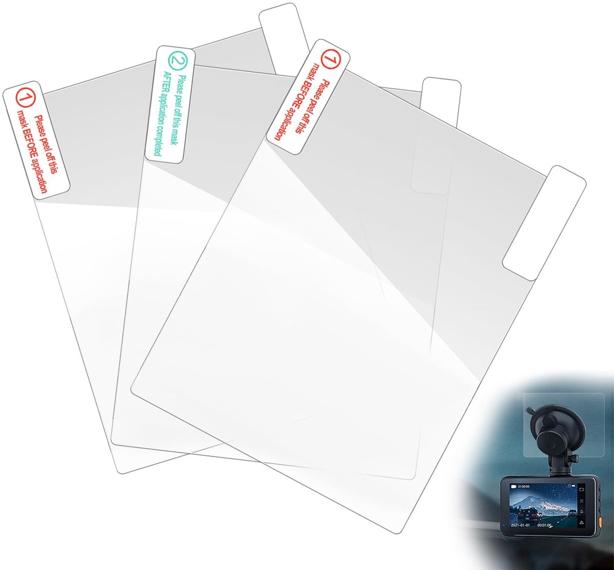 aladdien - Auto camera accessoires - 3 stuks - Statische stickers voor dashcams - Duidelijk zicht - Antistatische films - Compatibel met alle dashcams