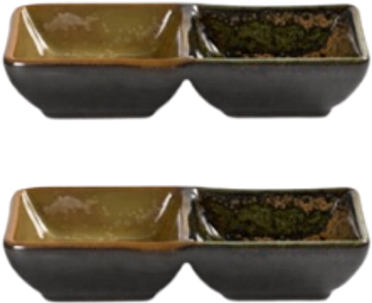 MPLCo - Ondes Dubbele Dip Schaaltje - Set van 2 - Dubbele Kom voor Saus & Tapas - Sushi Schaaltje 2 Vakken - Dip Bowl Keramiek - Vaatwasser & Magnetron Bestendig - 50ml - ca. 14 x 7.5 x 3 cm - Aardetinten