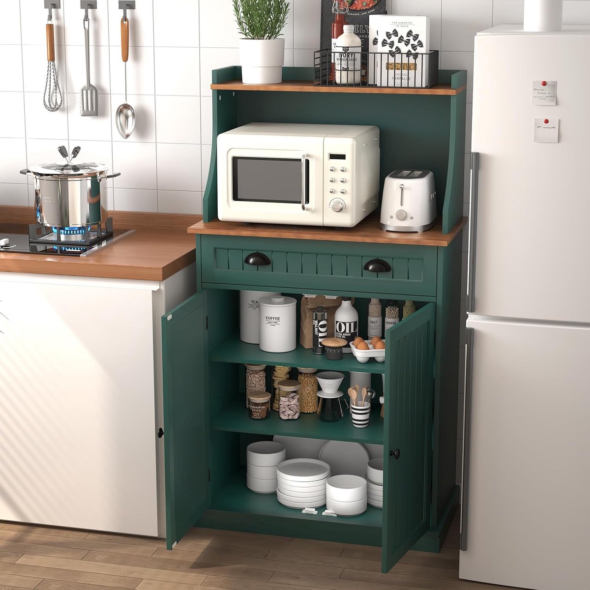 Keukenkast met Werkblad 120 x 40 x 120 cm – Groen Buffetkast met Lade, Glazen Deuren en Open Plank met Haken – Multifunctionele Wijnkast / Koffiebar / Dressoir voor Keuken, Woonkamer en Eetkamer – Dader