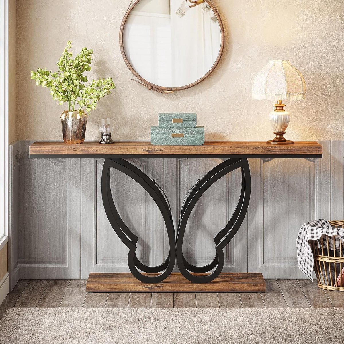 Consoletafel 140 x 30 x 80 cm Industrieel & Landelijk Design – Smalle Haltafel met Metalen Frame en Houten Blad – Entreetafel / Sidetable / Banktafel voor Woonkamer & Hal – Dader