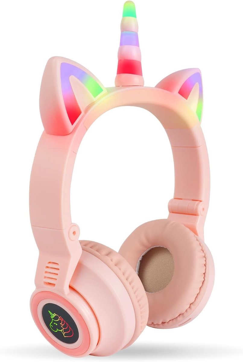 Draadloze Kinderheadphones met LED Verlichting, U-Nicorn Design, Bluetooth 5.0, Opvouwbaar en Geschikt voor PC, Telefoon en iPad voor Studie en Speelplezier