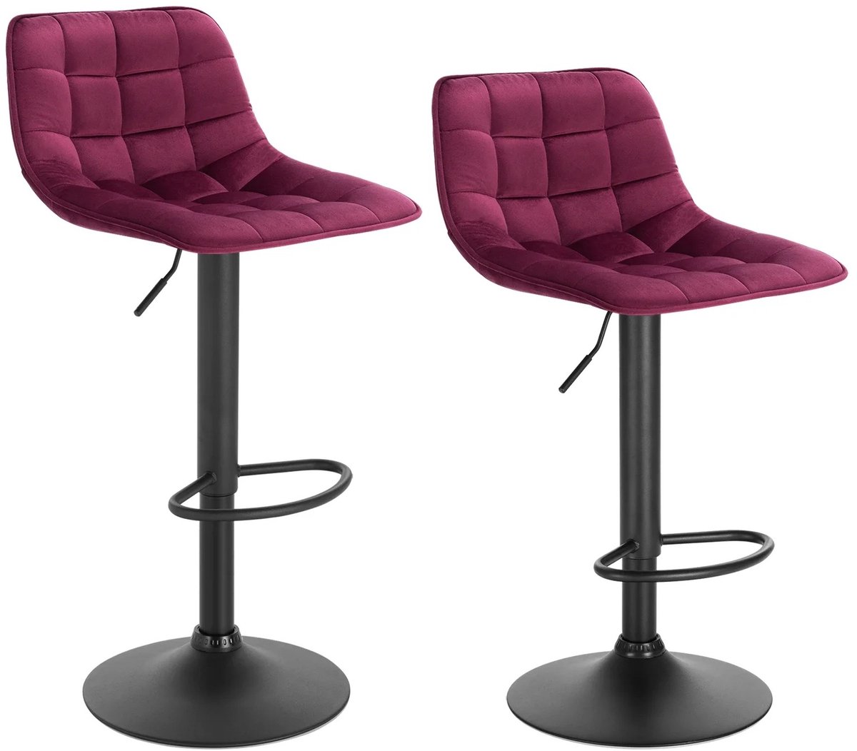 Woltu MakkelijkMooi 2 Barstoelen met Voetsteun - Barkruk - Fluweel Bordeaux - Rugleuning - Zithoogte Verstelbaar van 59.5 tot 81 cm
