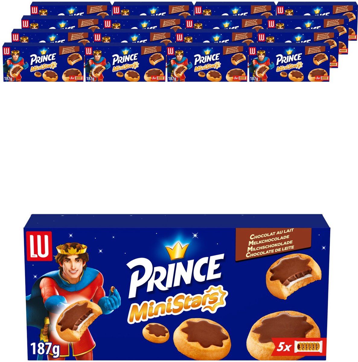 LU Prince MiniStars Koekjes Melkchocolade 16 x 187g (5 x 37,4g) - Koek voor Onderweg - Koffie - Thee - Werk - Voorraad - Melkchocoladevulling - Meeneemverpakking