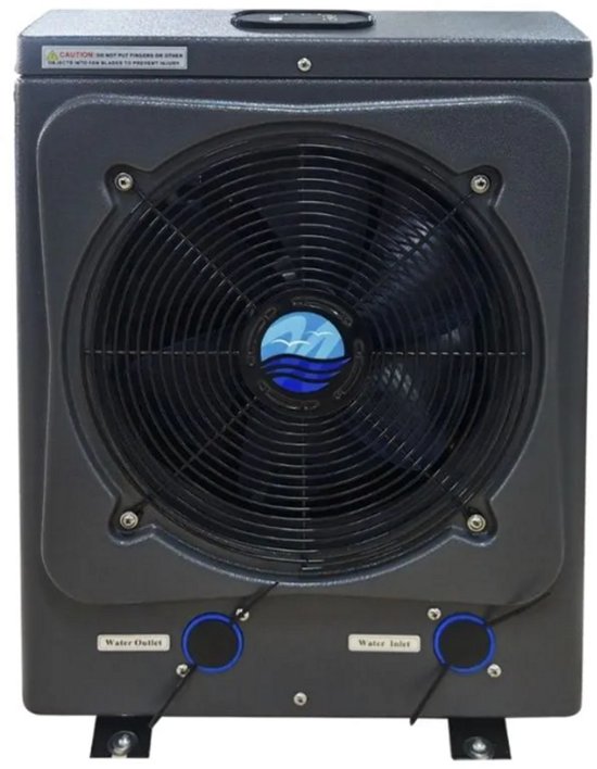 Grijze zwembad warmtepomp met zwarte ventilator en 'Water Outlet' en 'Water Inlet' aansluitingen.