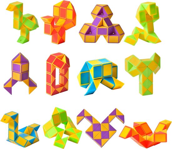 Twaalf Partizzle-slangpuzzels in verschillende kleuren en vormen: giraf, raket, dino.