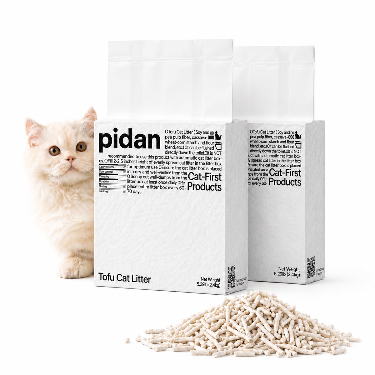 Kattenbakvulling Tofu pidan - 2 x 2,4 kg (12L) - Klontvormend - Vrijwel Stofvrij - Effectieve Geurcontrole - Minder Uitloop