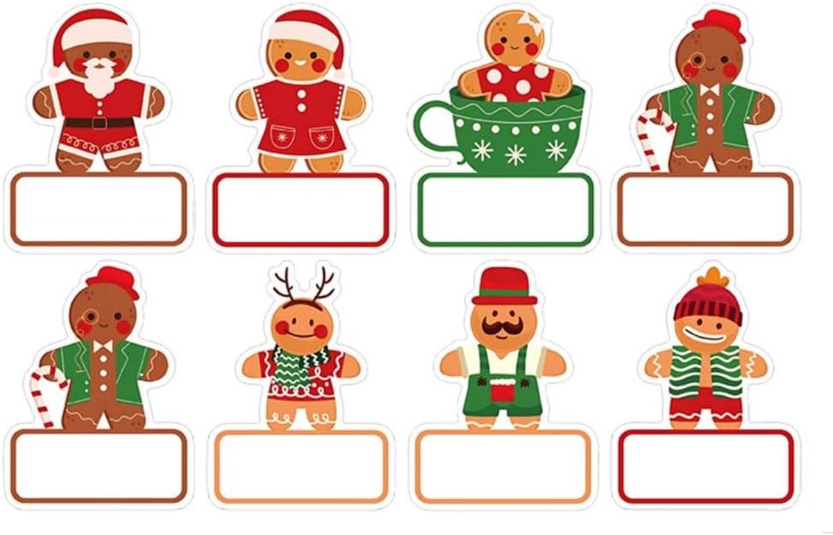 Kerststickers met Santa Claus en Gingerbread Man - Schrijfbare Labels voor Cadeaus en Decoratie