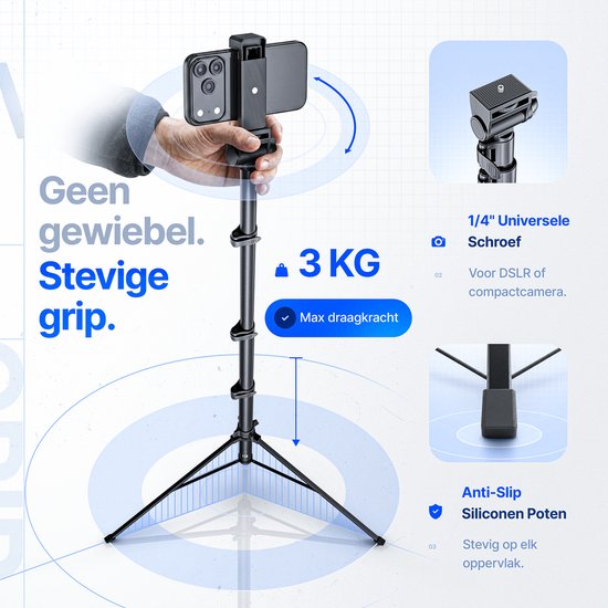 Een hand houdt een smartphone vast op het Studio ME statief, met anti-slip siliconen poten en 3kg draagkracht.