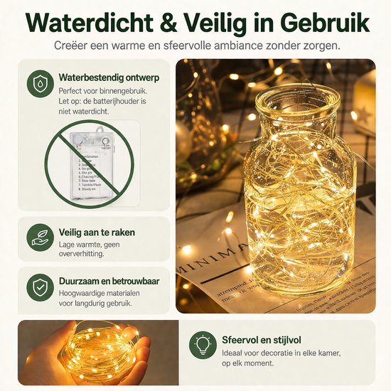 BOTC Lichtsnoer Binnen en Buiten Met Afstandsbediening - Fairy Lights 10 meter - LED Lampjes Slinger - Soothe Lichtsnoer Binnen - Op Batterijen - Warm White