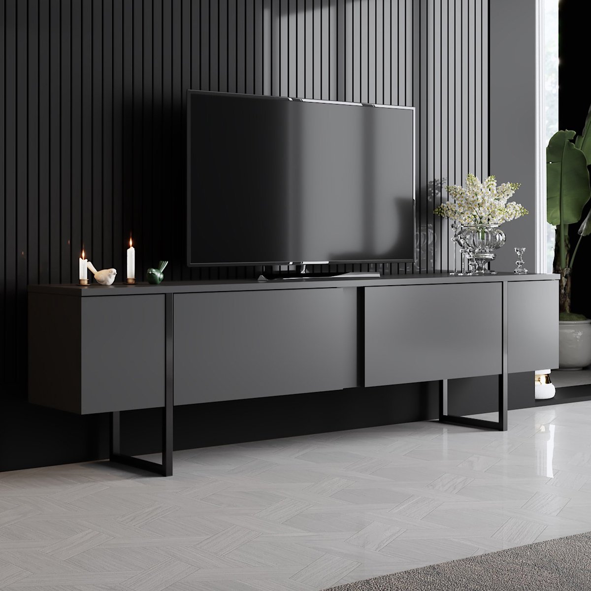 TV-Meubel - Antraciet Zwart Melamine Gecoate Deeltjesbord - Afmetingen 180x30x50cm - Stijl