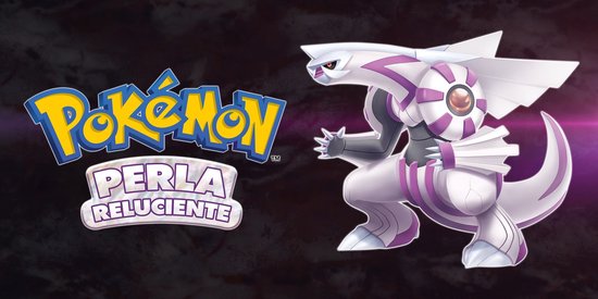Pokémon logo met Palkia en de tekst 'Perla Reluciente'.