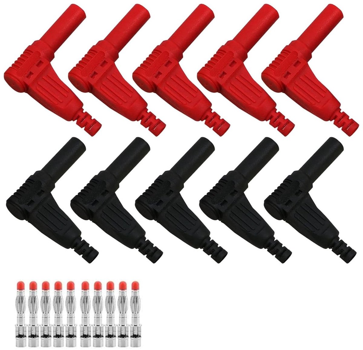10 stuks 90 graden banaanstekkers, rechte hoek 4 mm, ideaal voor multimeter en testleidingen, perfect voor sonde- en meettoepassingen (rood + zwart)
