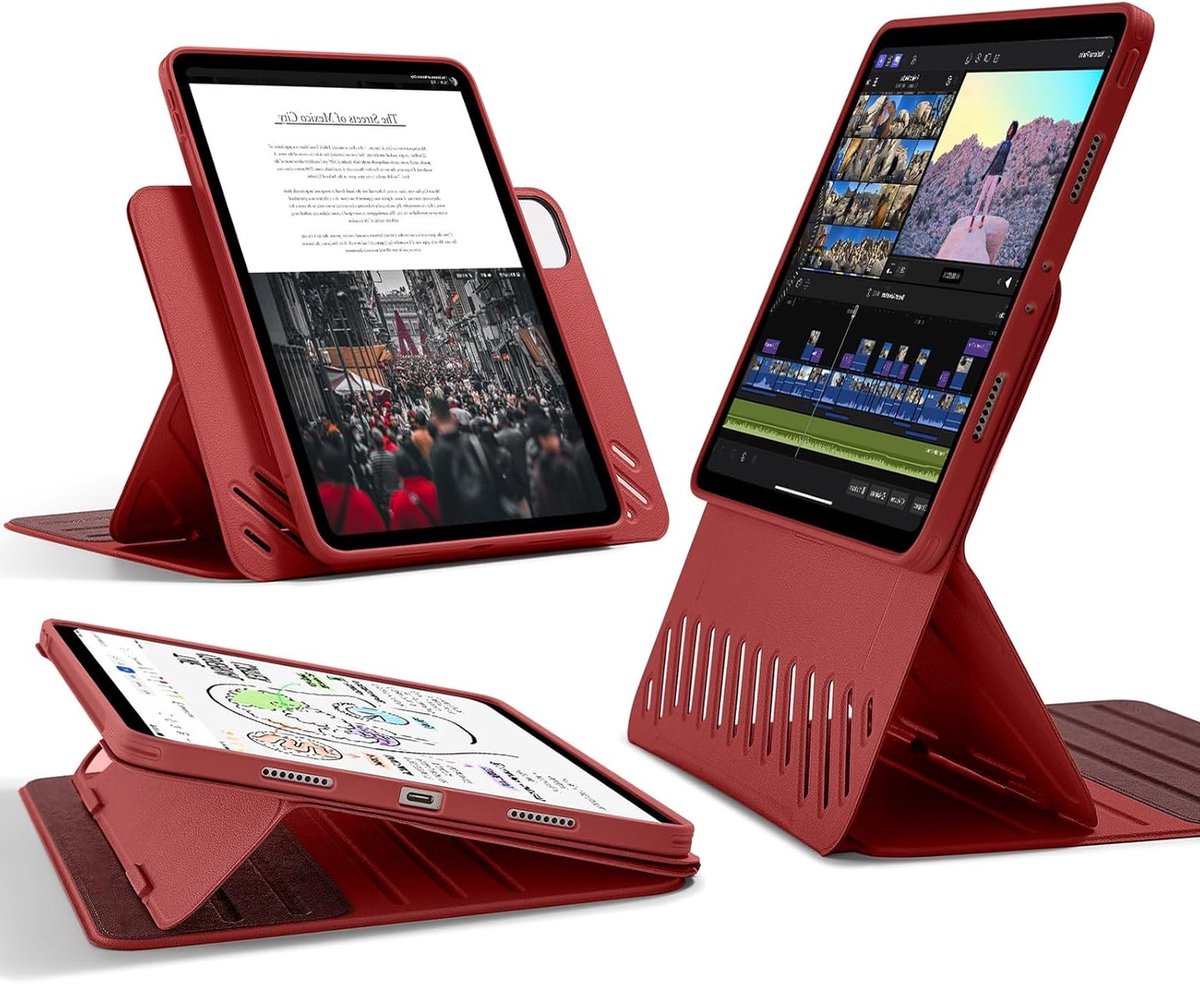 Robuuste iPad Pro 11 Inch Hoes met Afneembare Magnetische Cover en Verstelbare Stand voor Portret en Landschap, 9 Hoekopties, Rood