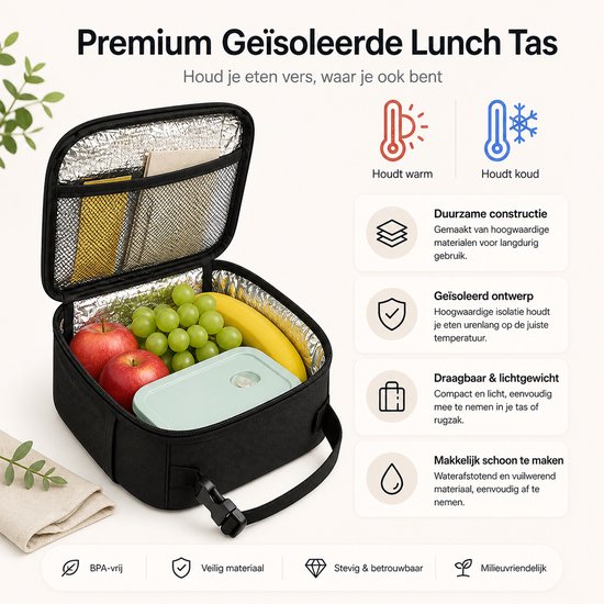 Zwarte lunchtas met fruit, broodje, en bestek. Biedt warmte- en koude isolatie.