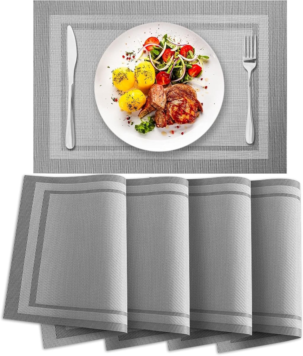 Wasbare placemats 30 x 45 cm - set van 4 - hittebestendig en antislip - grijs