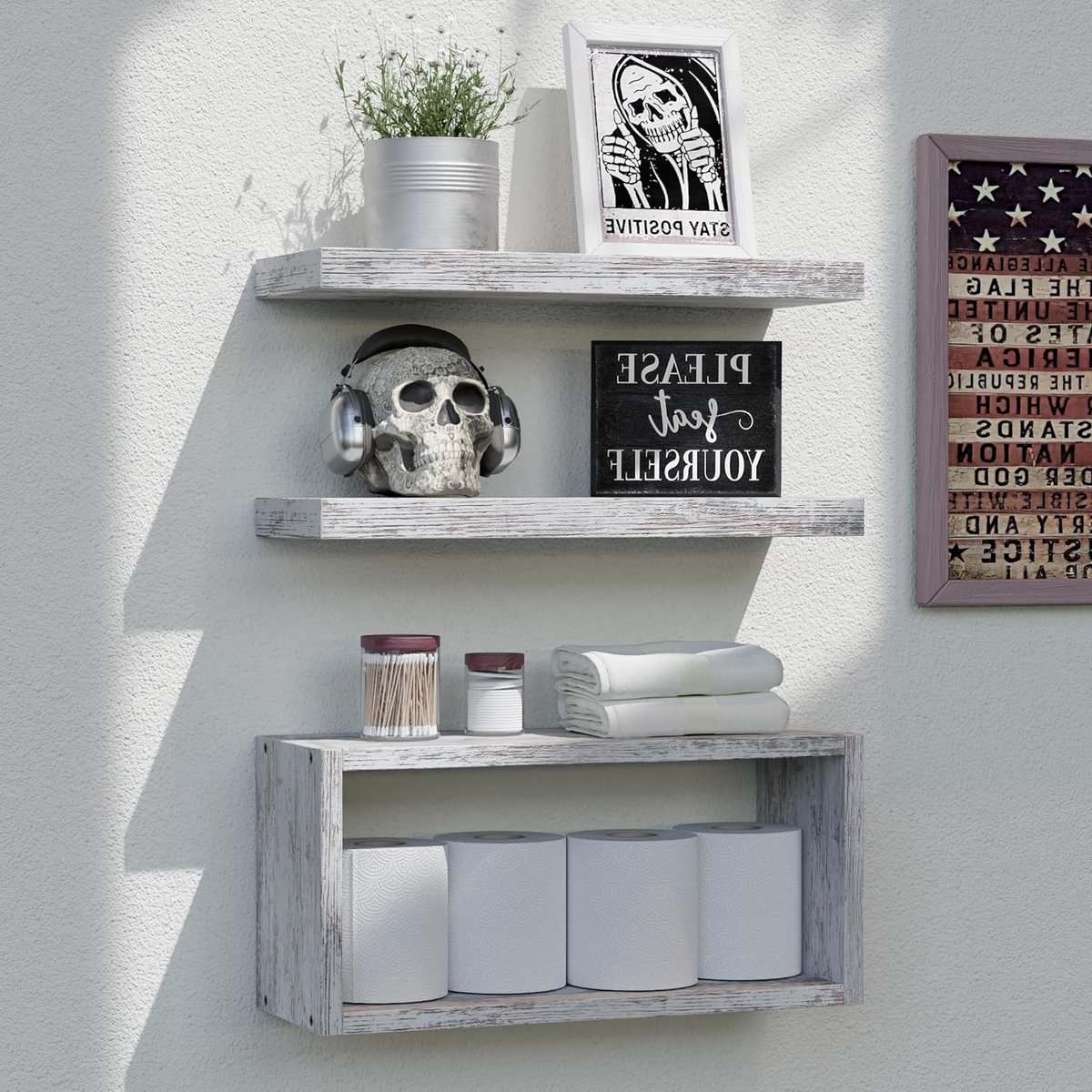Set van 3 zwevende planken voor badkamer, slaapkamer en woonkamer - Wandplanken met onzichtbare steunen in rustiek wit, ideaal voor decoratie en opbergruimte