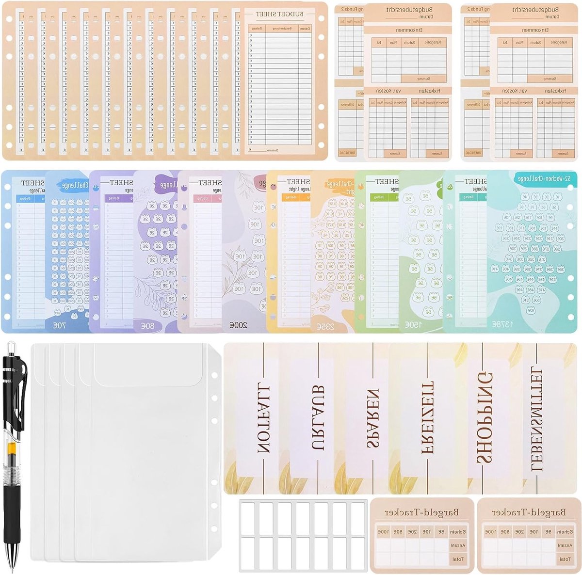 48 Stuks Uitdaging voor Geldbesparing, Budget Planner Accessoires, Besparingskalender voor Kantoor en Thuis, Geschikt voor 6-Gats Ringband, Diverse Kleuren