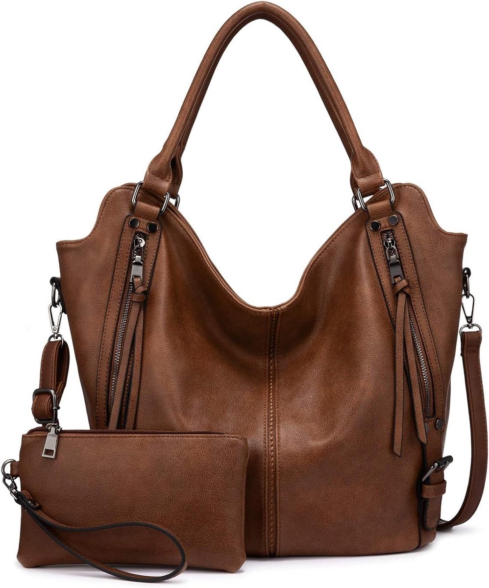 Dames shopper set met handtas en portemonnee - Bruine lederen look - 2-delige tas collectie