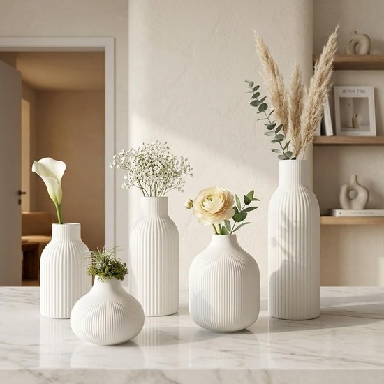 5-delig wit keramisch vaasset voor pampasgras en gedroogde bloemen, moderne tafeldecoratie, Scandinavische stijl, neutrale boho look, hoog voor woonkamer inrichting