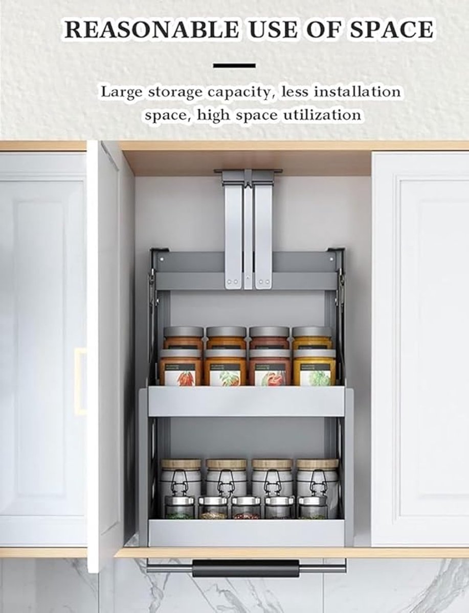Keukenkast Organizer Uittrekbaar & Neerklapbaar Kruidenrek 2-Laags – 50 cm Kast – RVS 304 Stainless Steel Pull Down Keuken Opbergsysteem voor Wandkast – Ruimtebesparende Drop Down Shelf