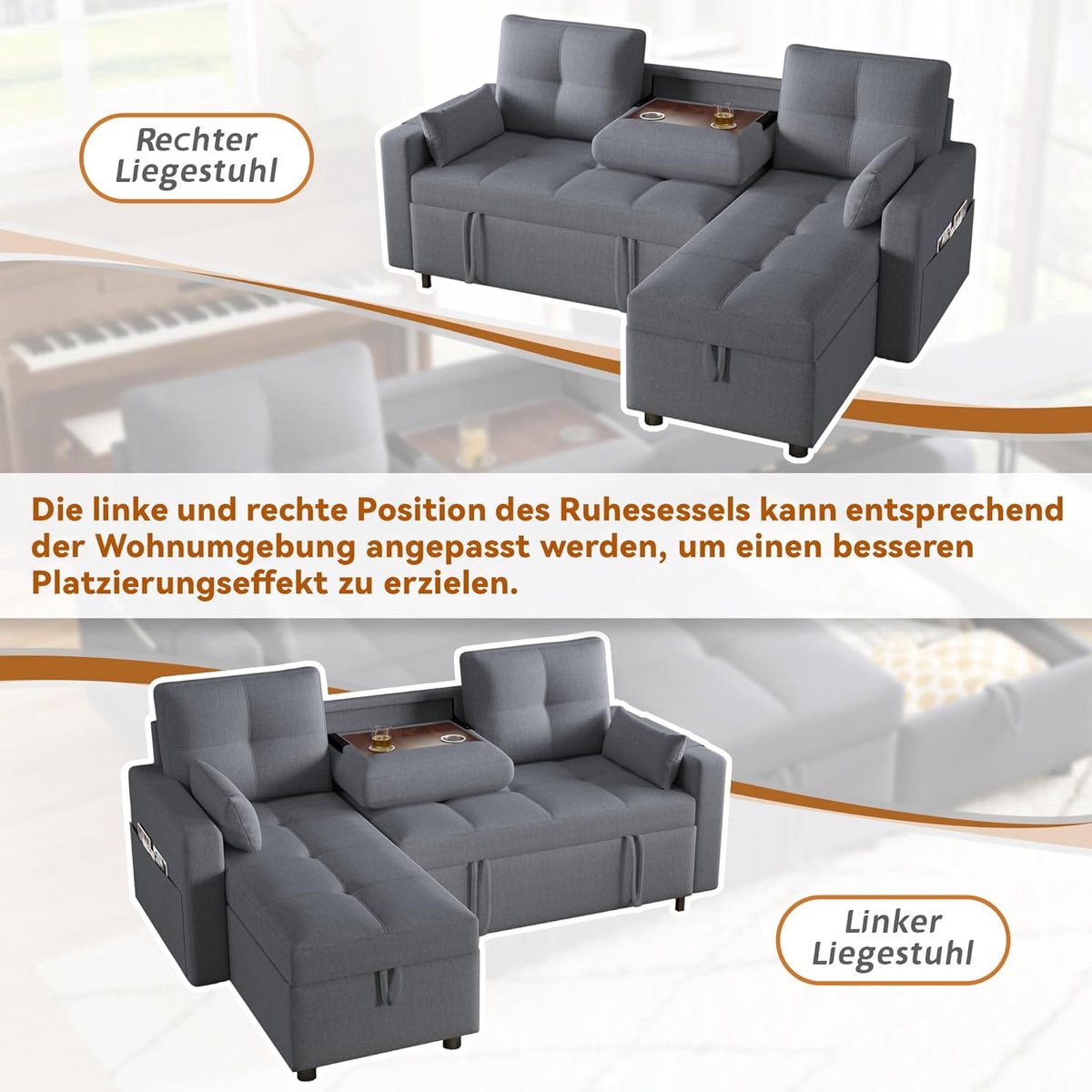 Modulaire L-vormige Uitschuifbare Slaapbank met Slaapfunctie, Opbergruimte, Bekerhouder en Verstelbare Chaise Longue 200x200x200 cm Grijs