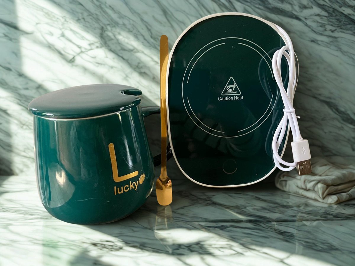 Flavers - Mug warmer - USB - stopcontact aansluiting - warmhoudplaat - Groen - gift set - cup warmer - verwarmde onderzetter - Glas - koffie warmer - warmhouders - mug warmer set - kopje, mugwarmer en lepel - Cadeau