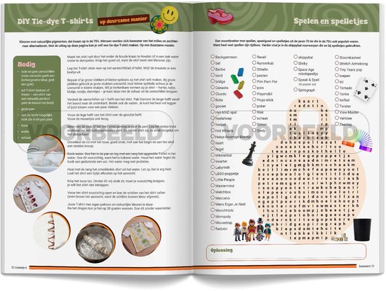 Pagina uit "Het Hippe Jaren 70 DoeBoek" met uitleg "DIY Tie-Dye T-shirts" en spelletjes.